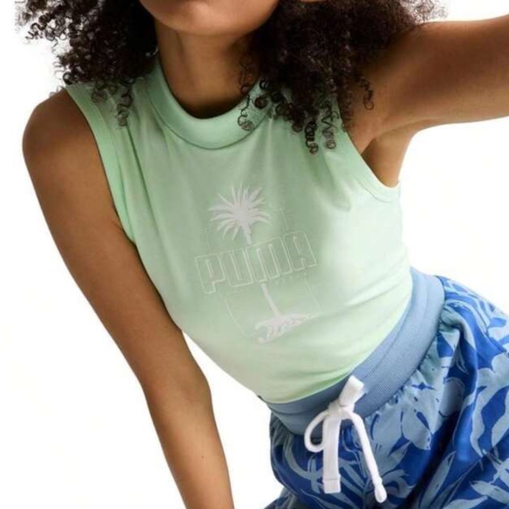 PUMA Womens Ess+ Palm Resort Graphic Crew Neck Tank Tops Casual - Green